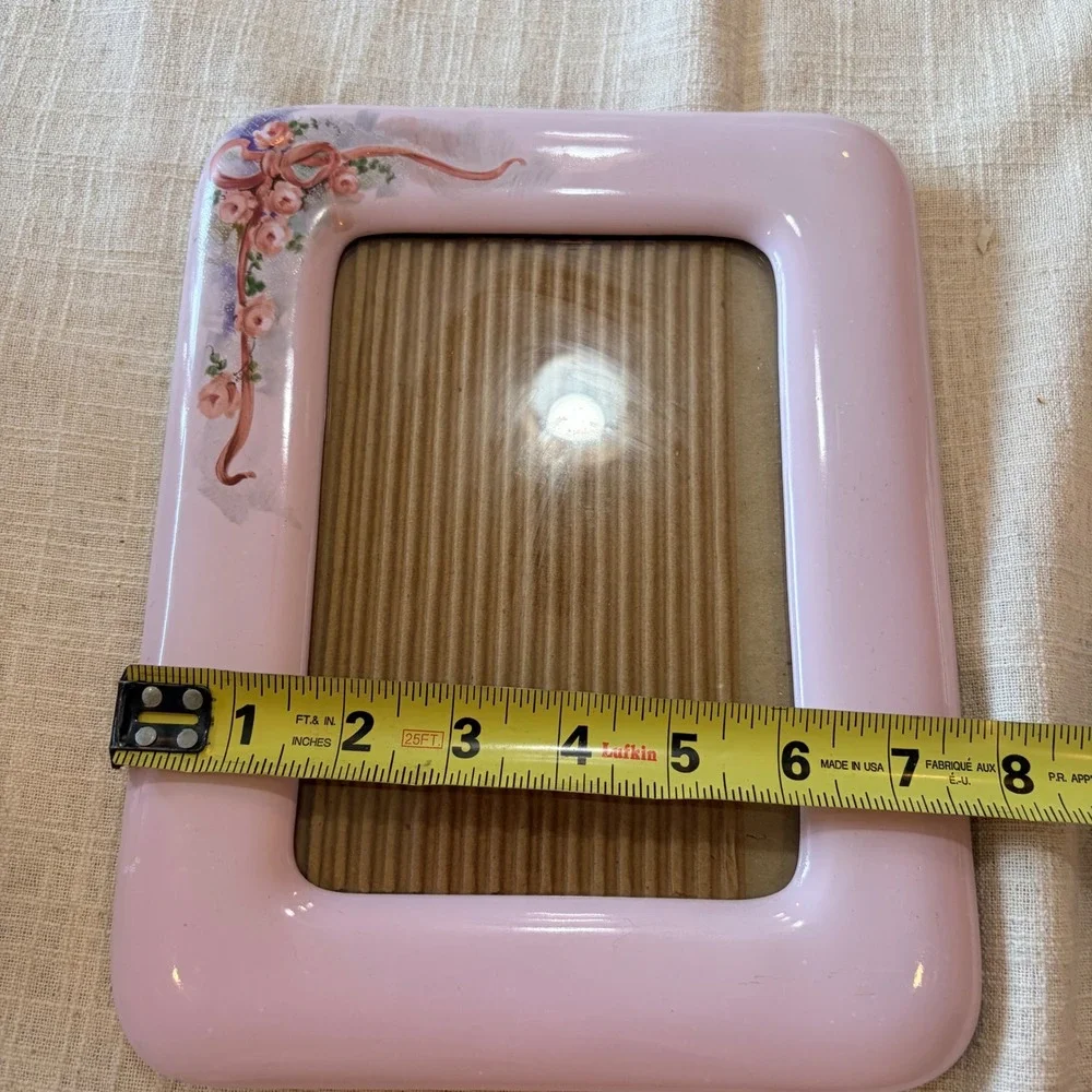 Vintage Pink Ceramic Floral‎ Photo Frame 5x7 Rose Ribbon Bow Cottagecore Decor